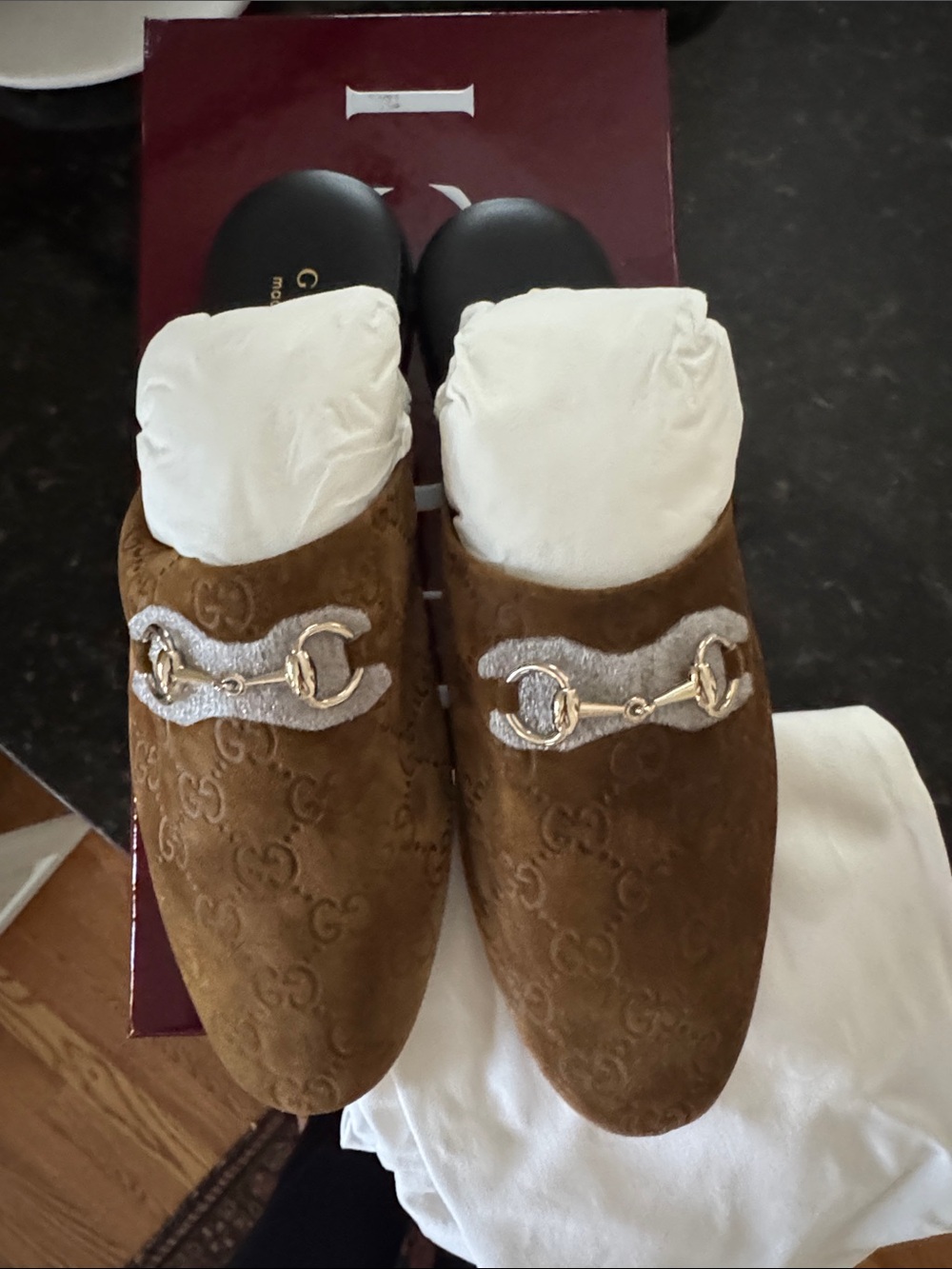 Gucci Annette Brown Suede Embossed GG Horsebit Mule